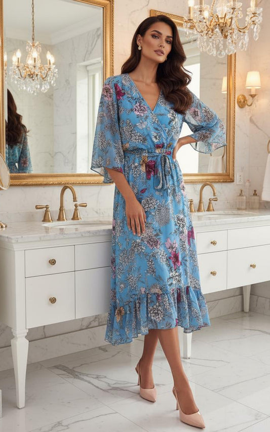 Kimono Sleeve Floral Maxi Wrap Dress in Blue