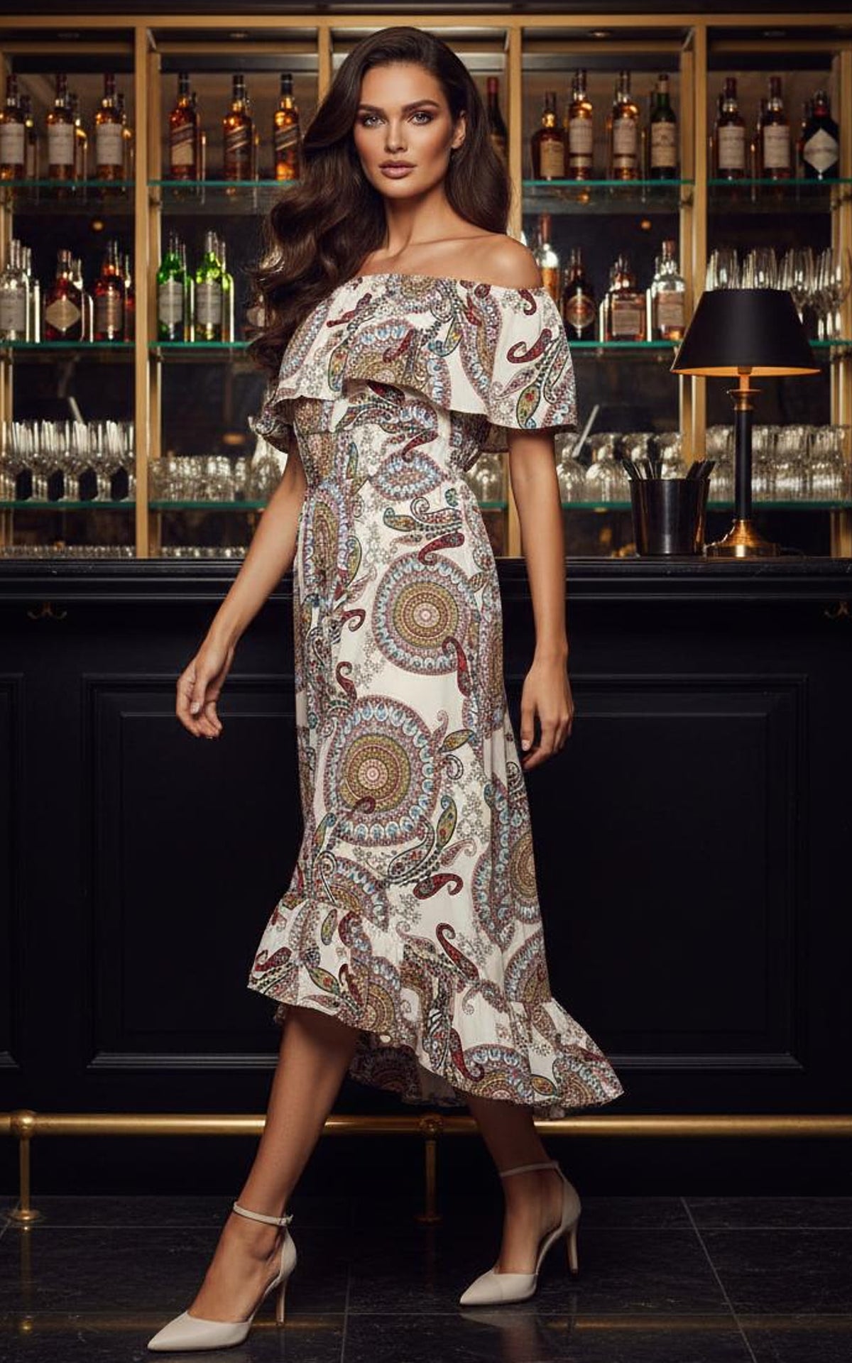 Cream Paisley Printed Bardot Style Midi Dress
