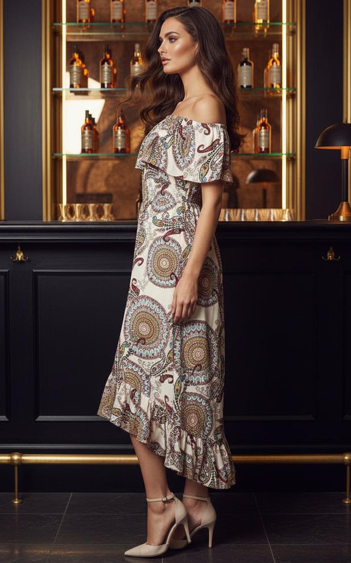 Cream Paisley Printed Bardot Style Midi Dress