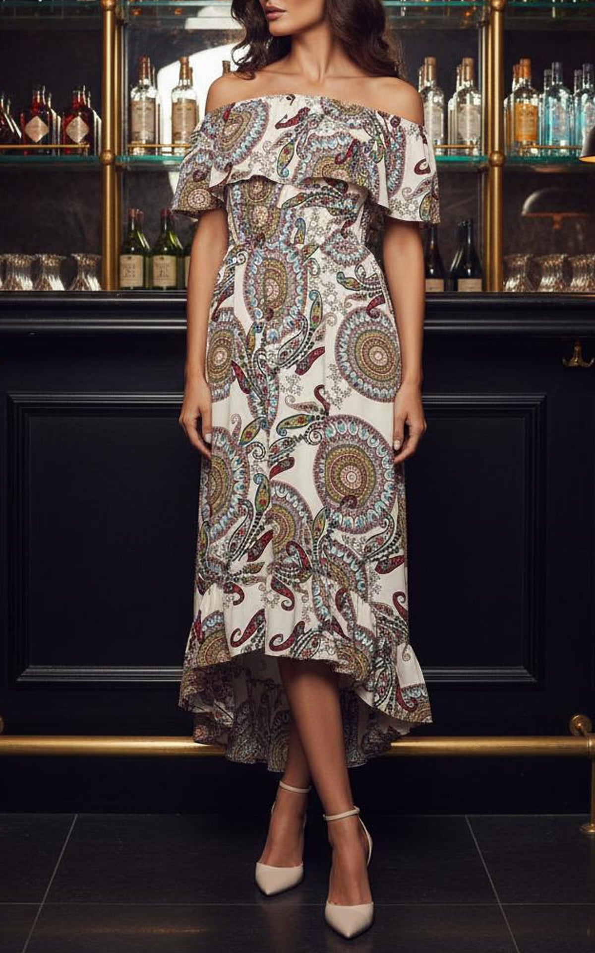 Cream Paisley Printed Bardot Style Midi Dress