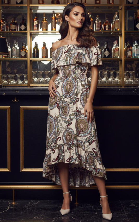 Cream Paisley Printed Bardot Style Midi Dress