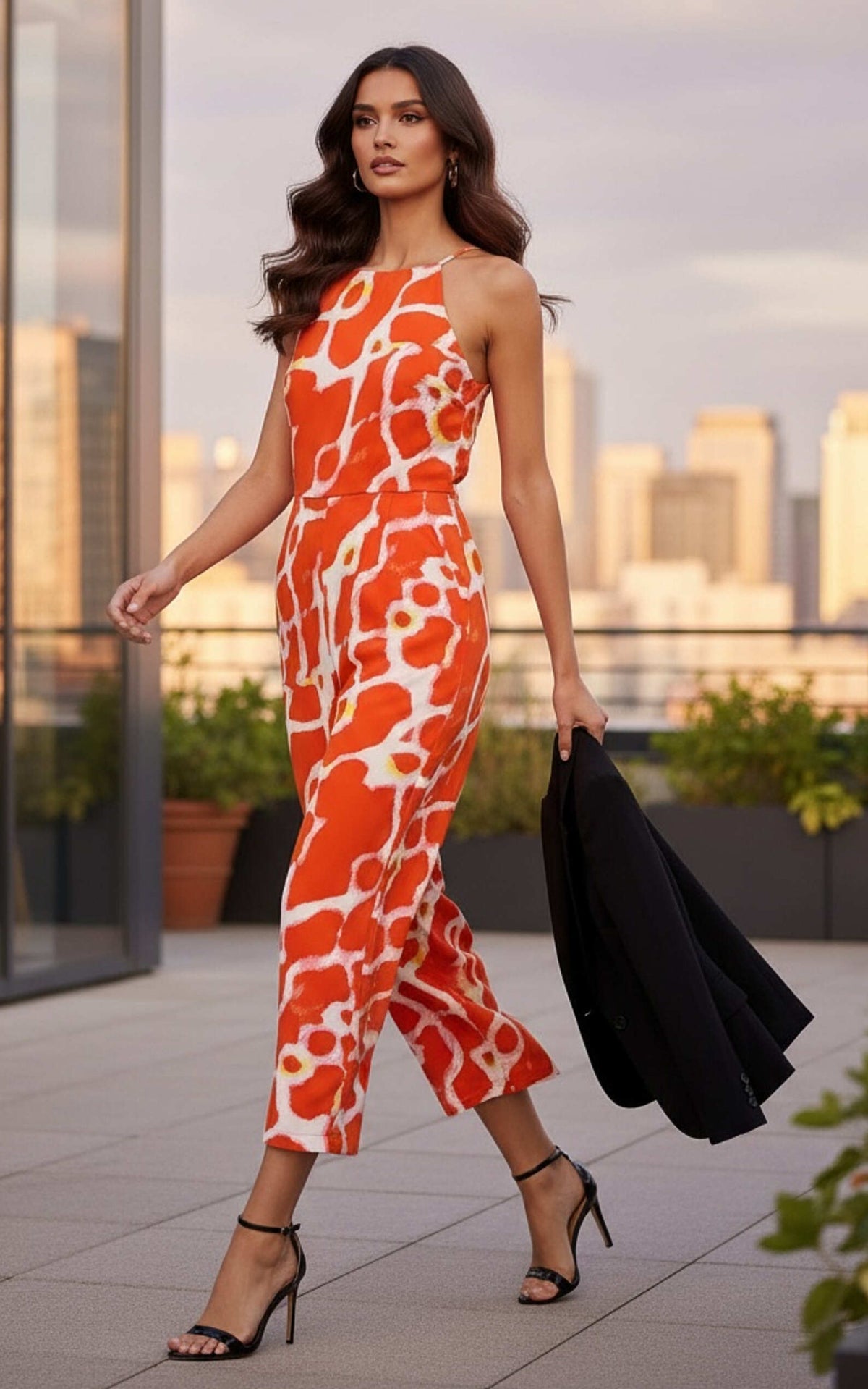 Orange Giraffe Print Strappy Racer Neck Jumpsuit