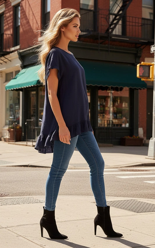 Dipped Frill Hem T Shirt Top in Navy