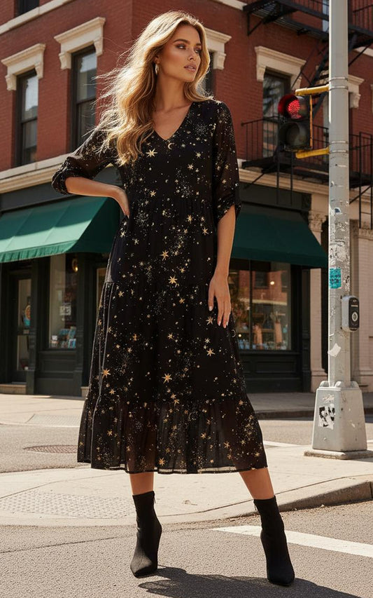 Black/Gold Star & Moon Flowy Maxi