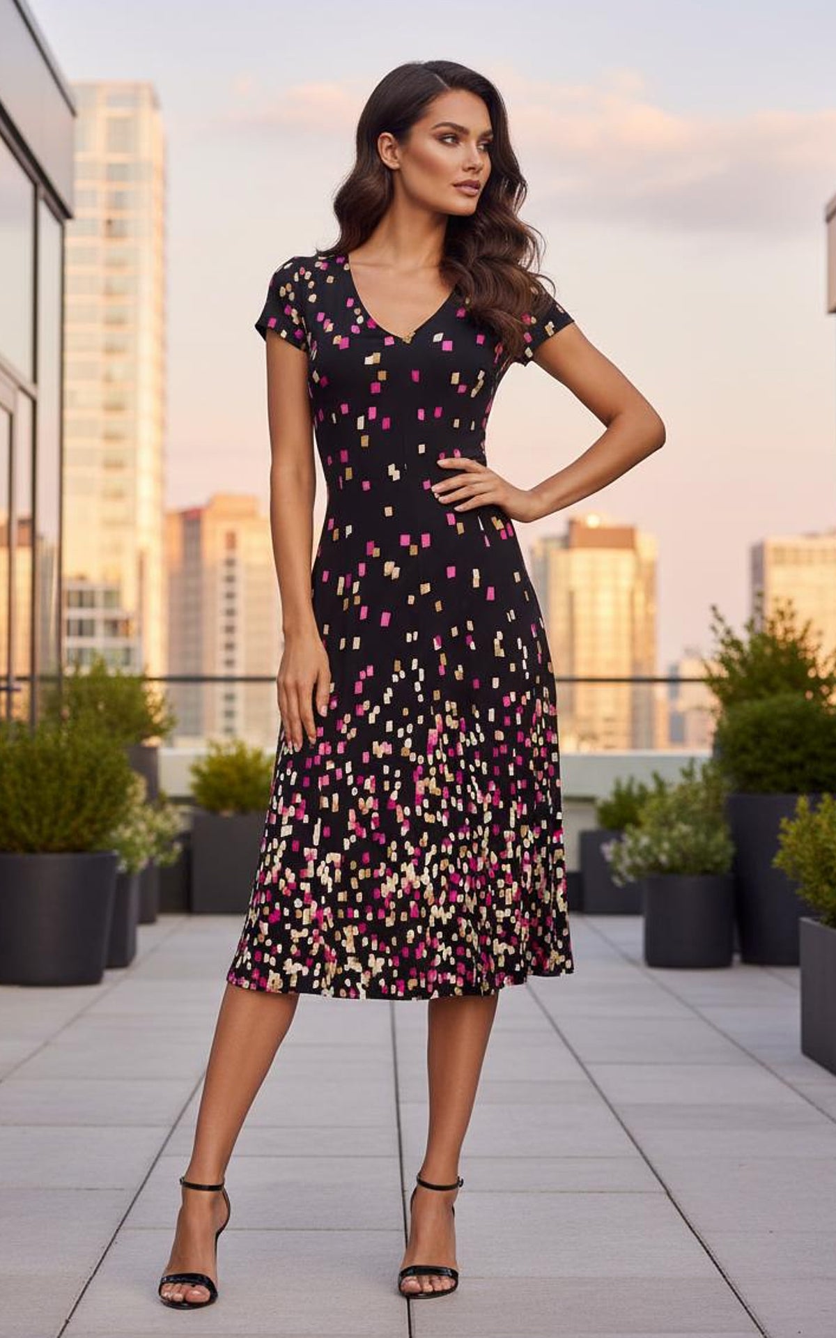 Sasha Midi Dress, Black Multi