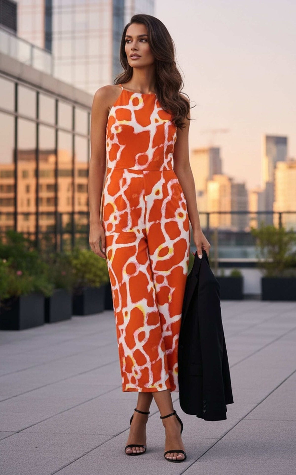 Orange Giraffe Print Strappy Racer Neck Jumpsuit