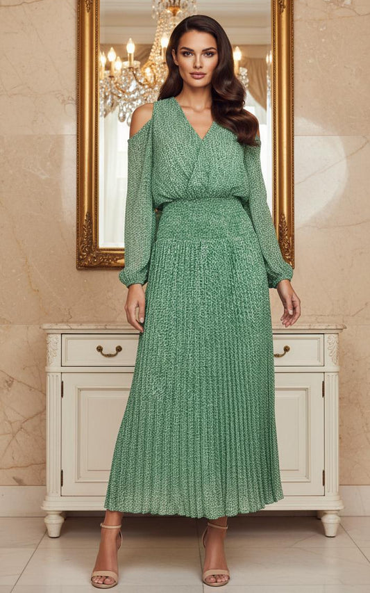 Green dobby cold shoulder dress