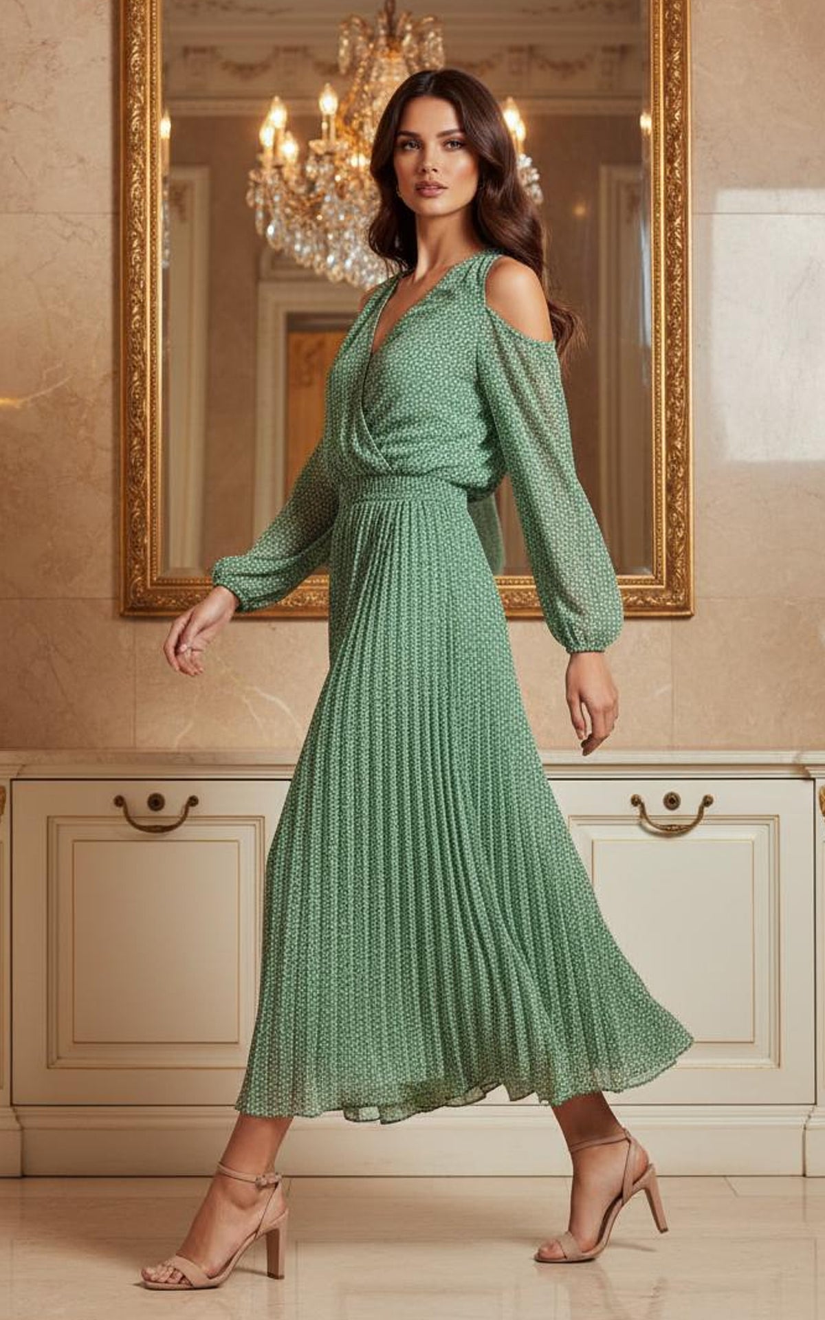 Green dobby cold shoulder dress