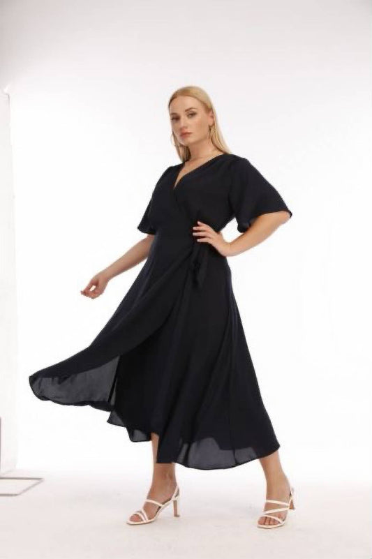 Plus Size Navy print plunge neck maxi wrap dress