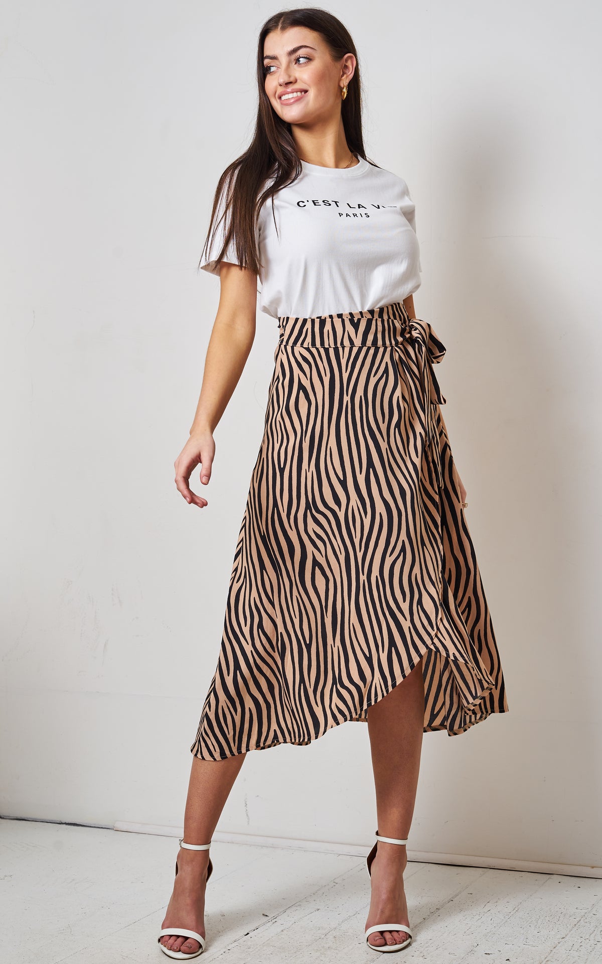 Brown Zebra Print Midi Wrap Skirt