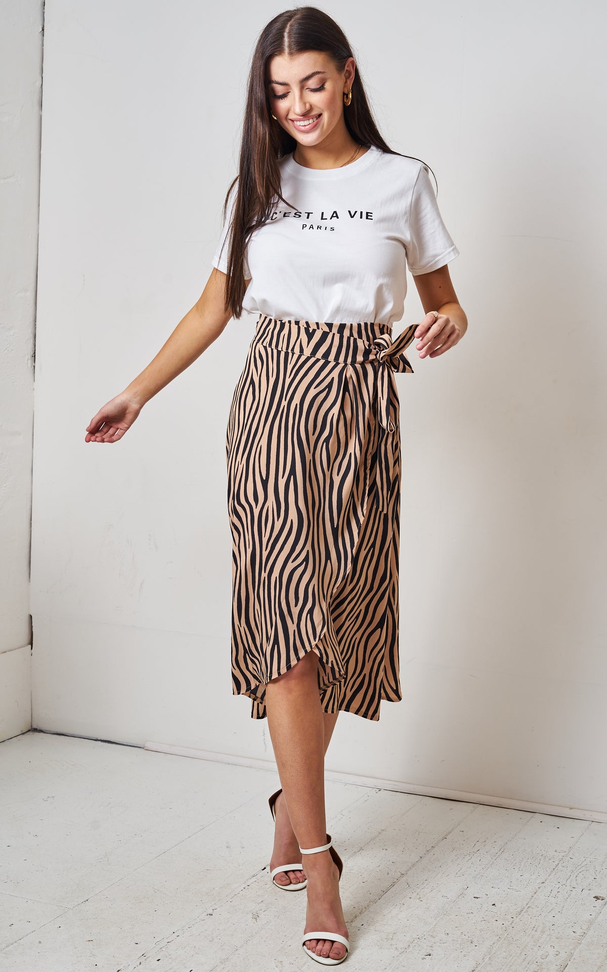 Brown Zebra Print Midi Wrap Skirt