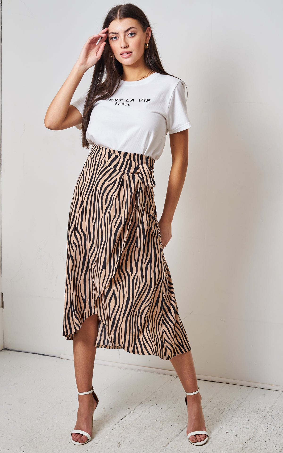 Brown Zebra Print Midi Wrap Skirt