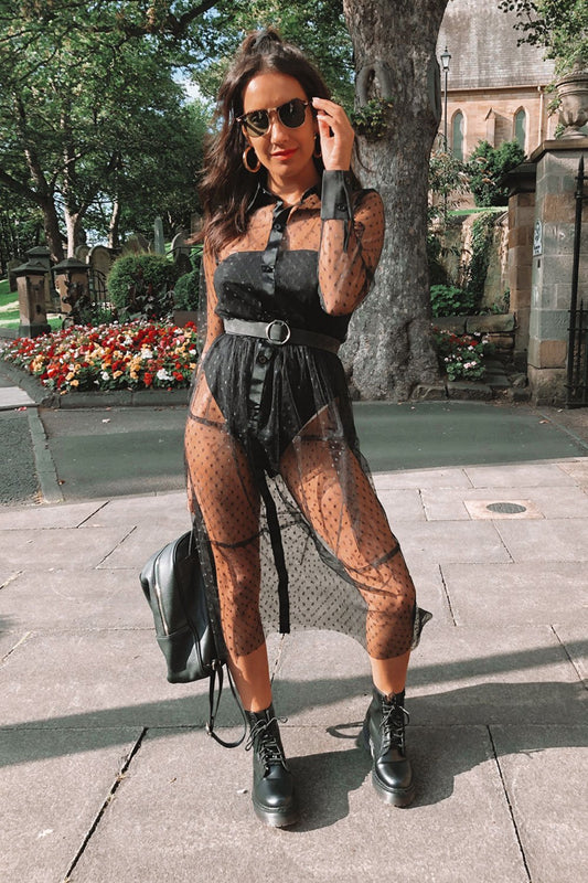 BLACK MESH DOBBY SHIRT DRESS