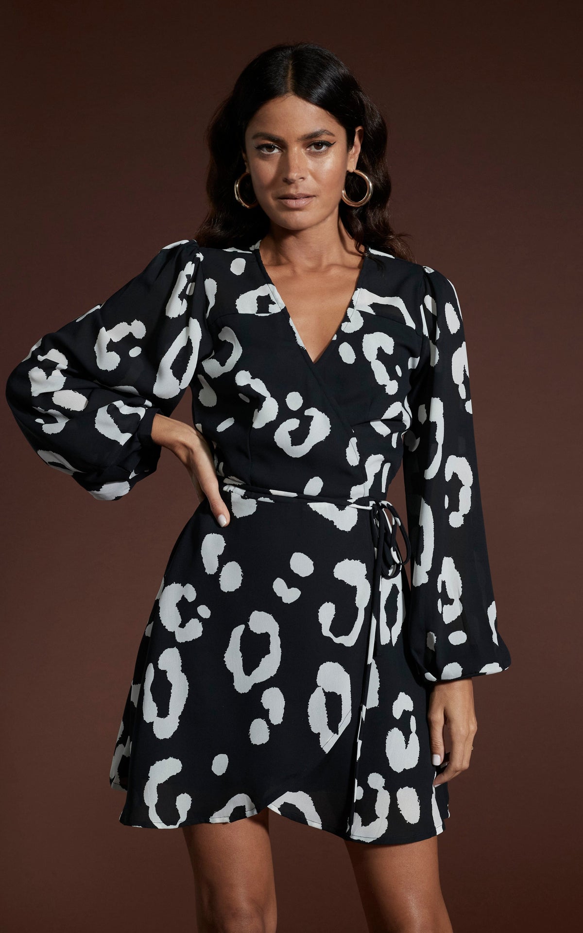 Ginger Mini Wrap Dress In Oversized Mono Leopard
