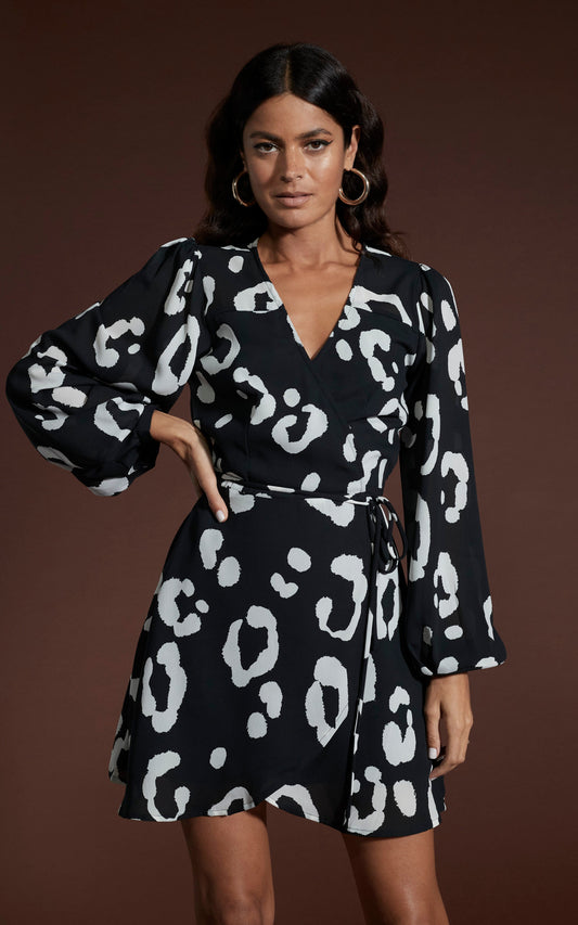 Ginger Mini Wrap Dress In Oversized Mono Leopard