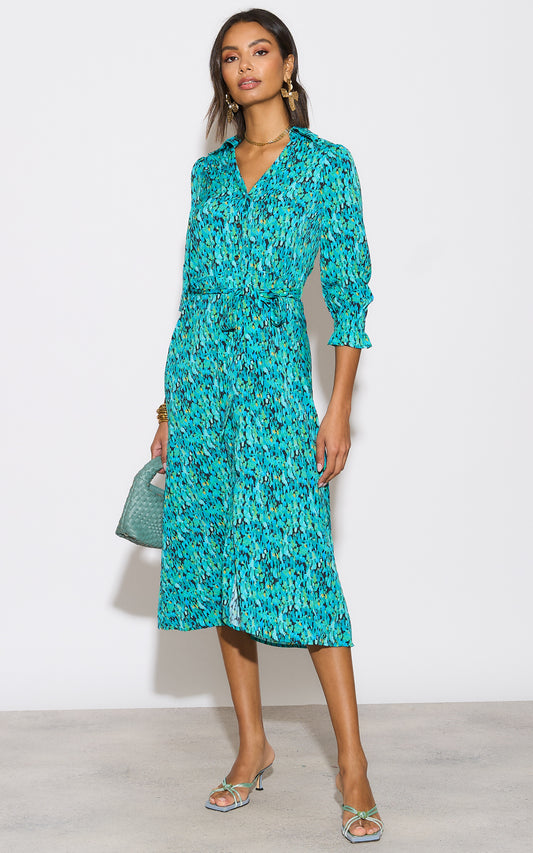 Amazon green print midi shirt dress