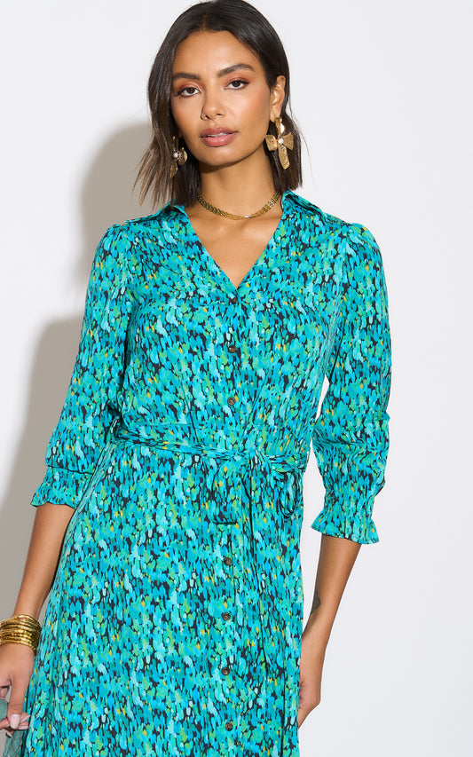 Amazon green print midi shirt dress