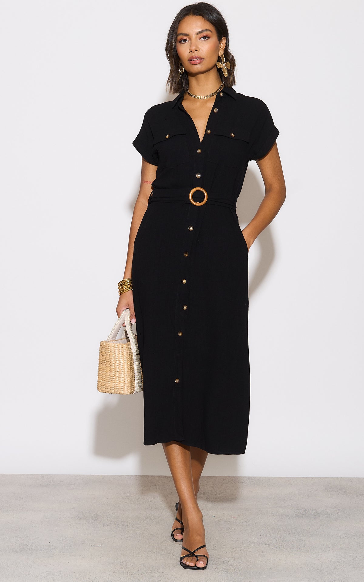 Black Viscose Linen Look Midi Shirt Dress With Wooden Belt