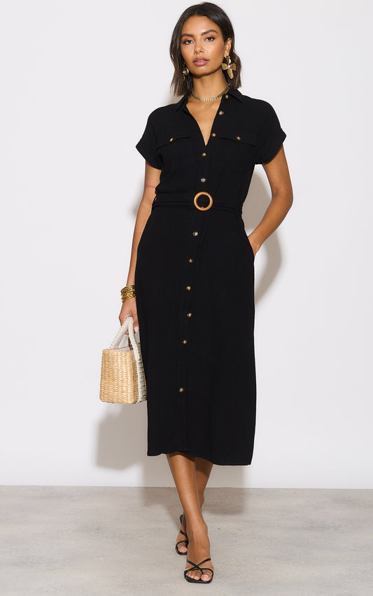 Black Viscose Linen Look Midi Shirt Dress With Wooden Belt