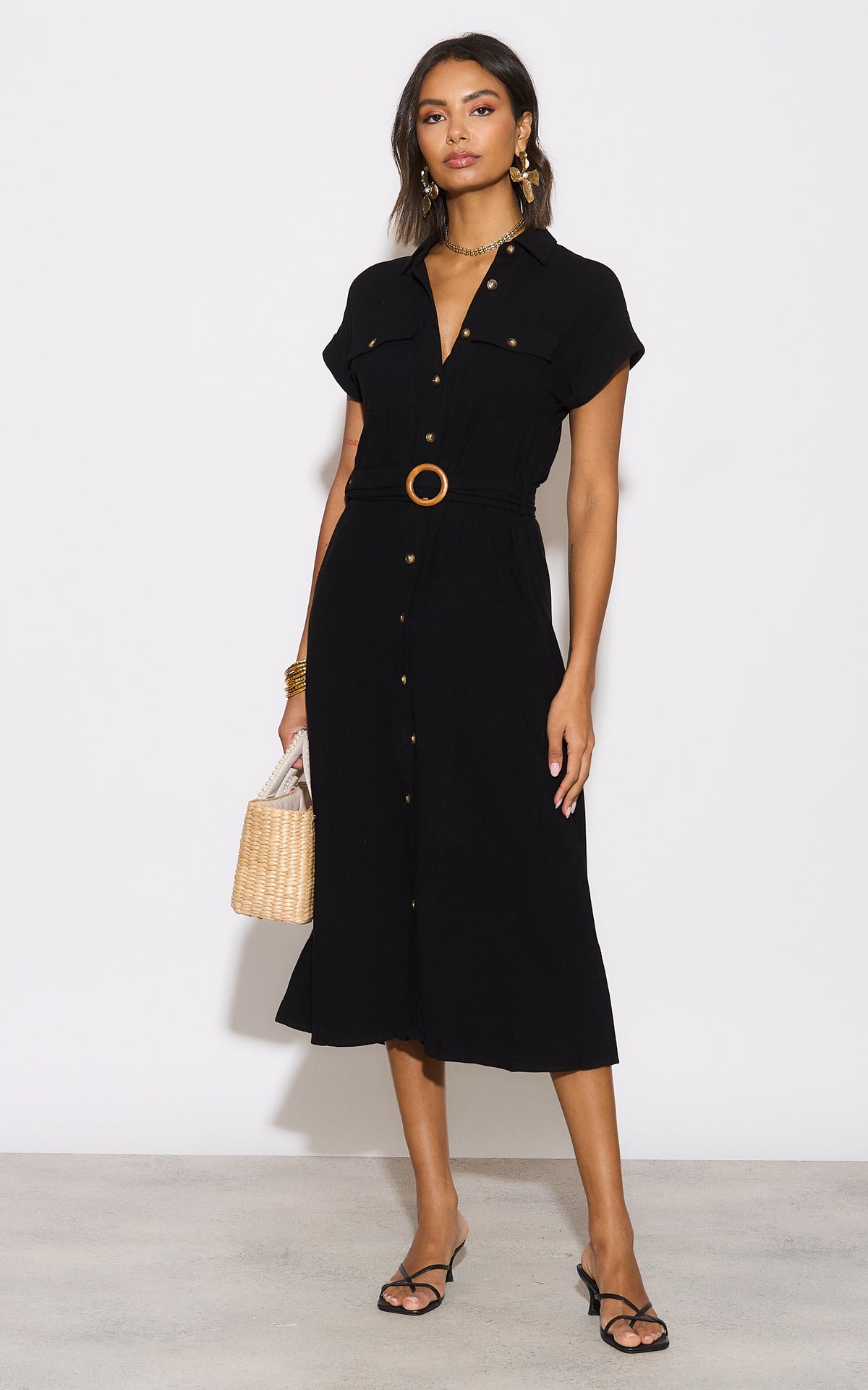 Black Viscose Linen Look Midi Shirt Dress With Wooden Belt