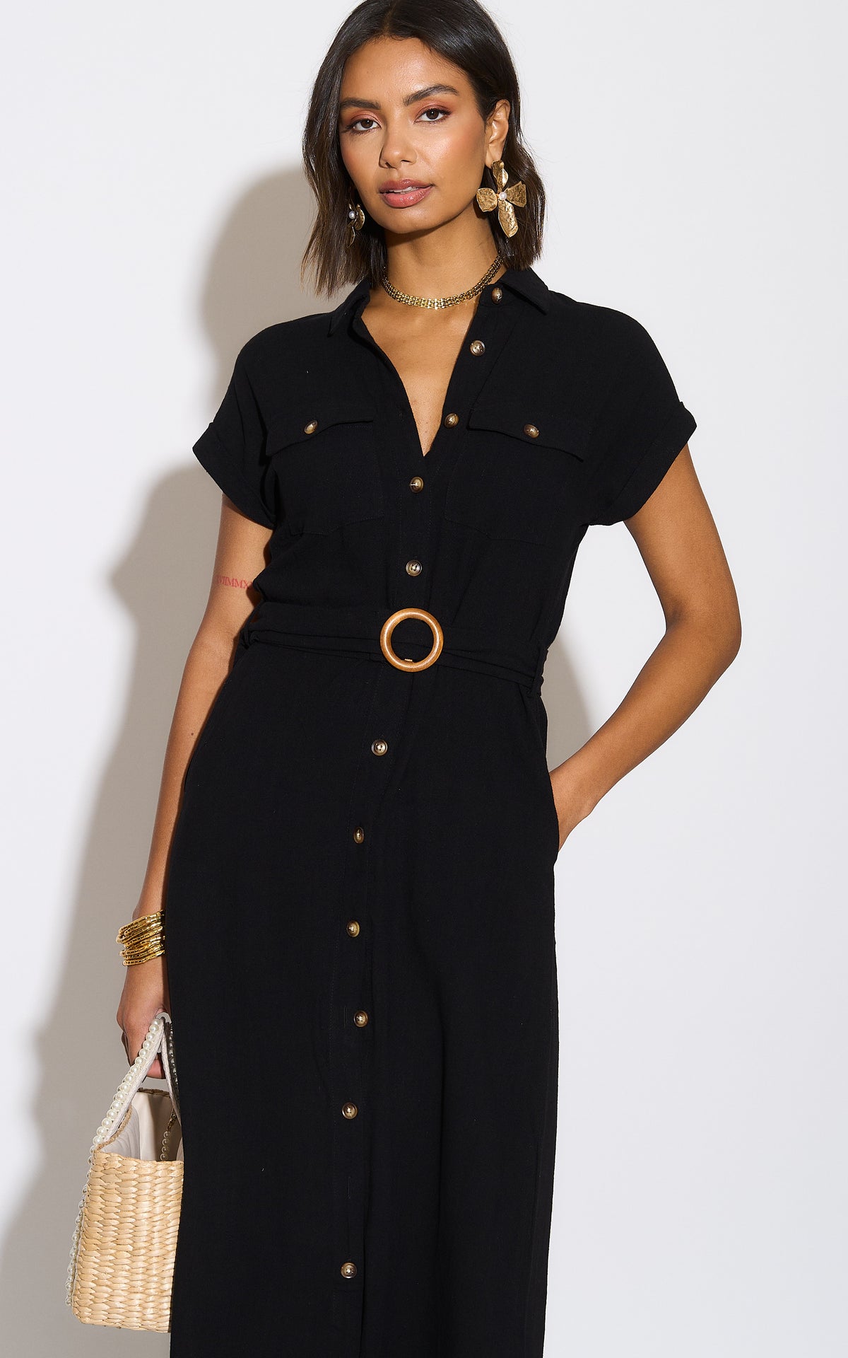 Black Viscose Linen Look Midi Shirt Dress With Wooden Belt