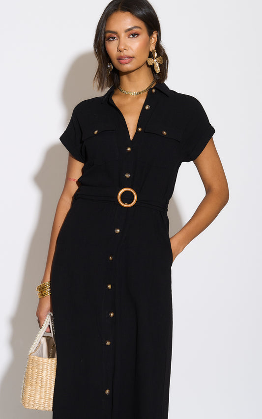 Black Viscose Linen Look Midi Shirt Dress With Wooden Belt