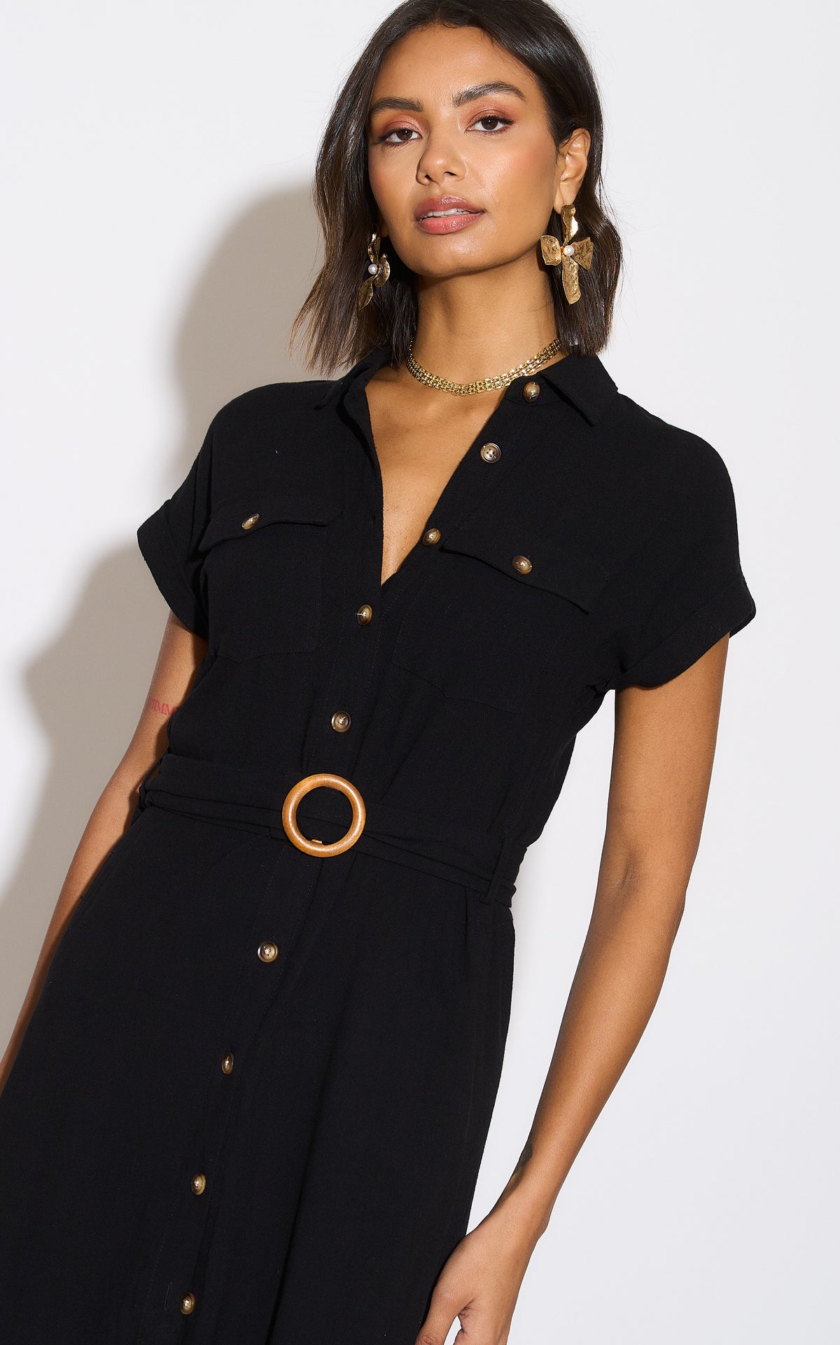 Black Viscose Linen Look Midi Shirt Dress With Wooden Belt