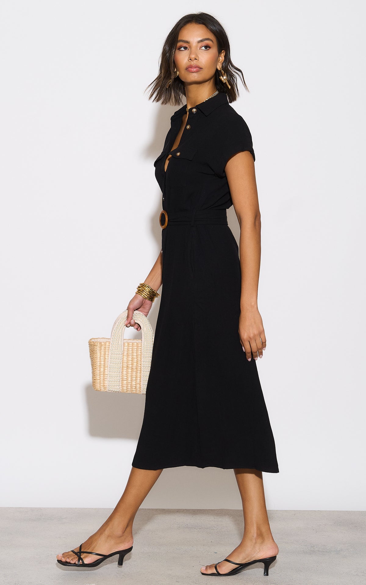 Black Viscose Linen Look Midi Shirt Dress With Wooden Belt