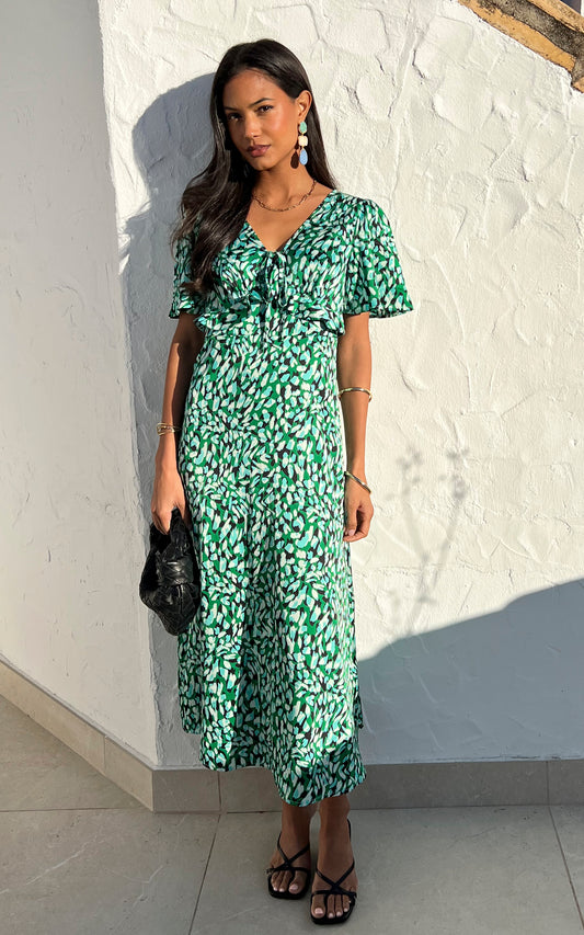 Amazon green print maxi dress with frill detail