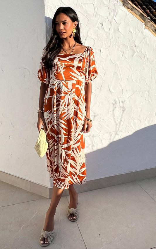 Floral bardot midi dress with smock detail in orange