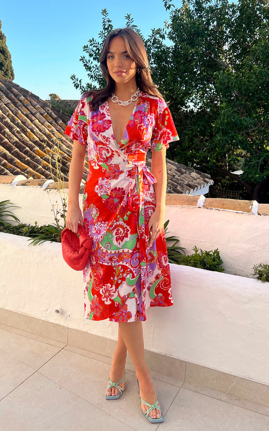 Midi wrap dress with belt fastening in red floral print