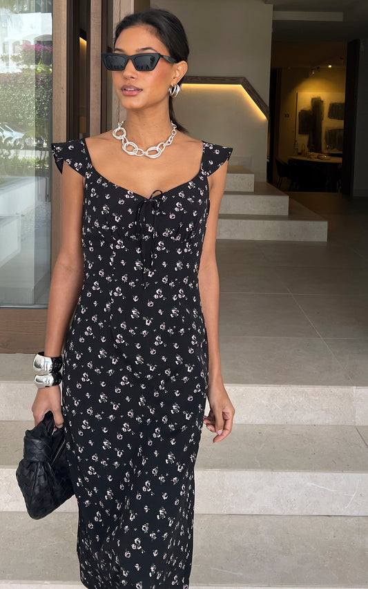 Shoulder frill midi dress with Lilac rose in black