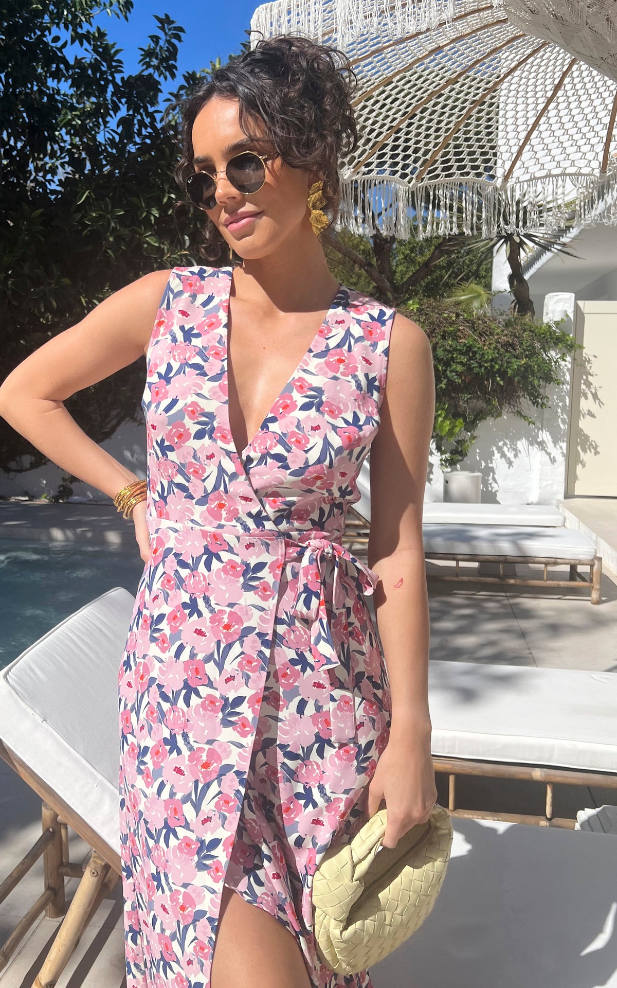 Sleeveless wrap midi dress with tie in Pink Floral