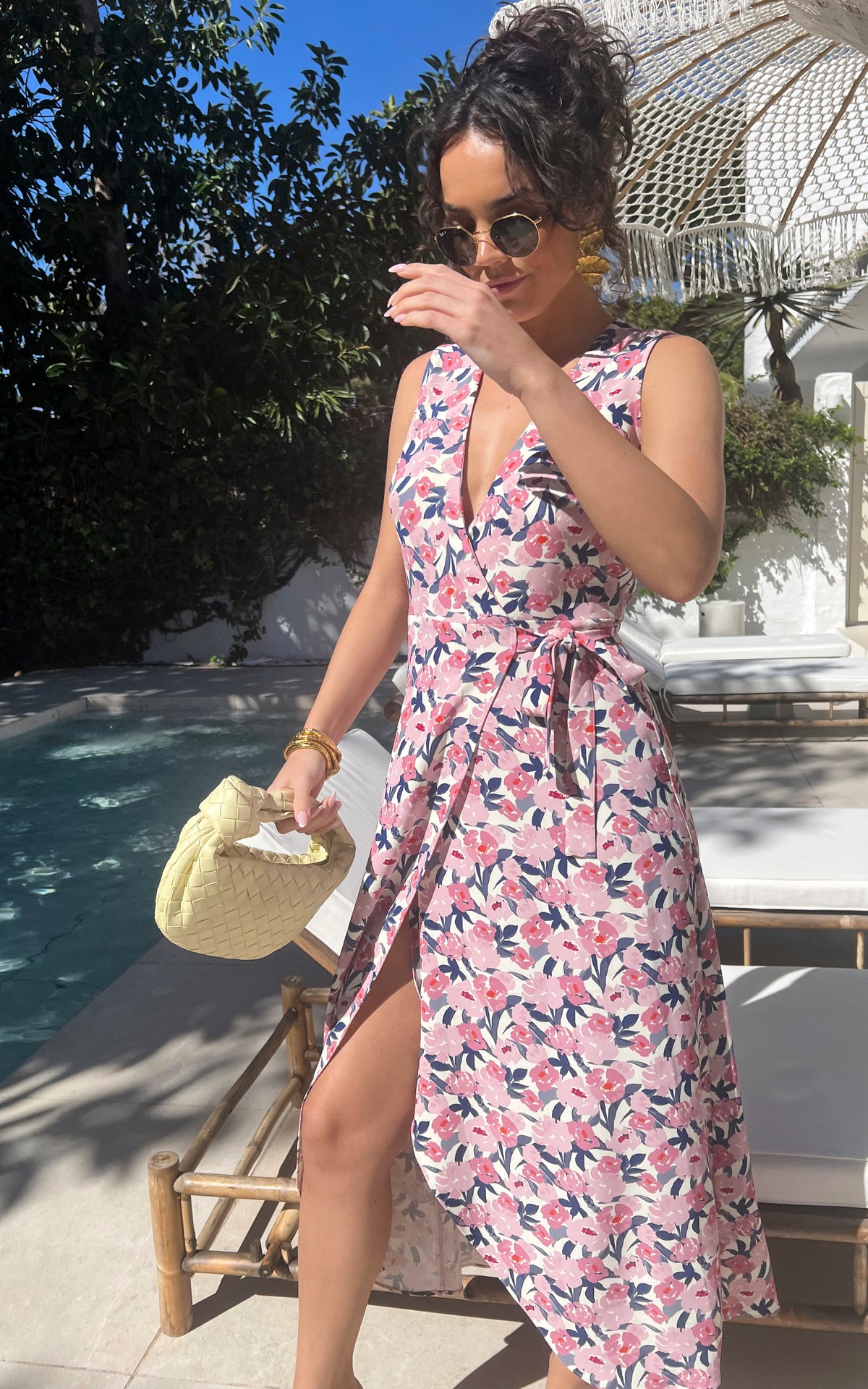 Sleeveless wrap midi dress with tie in Pink Floral