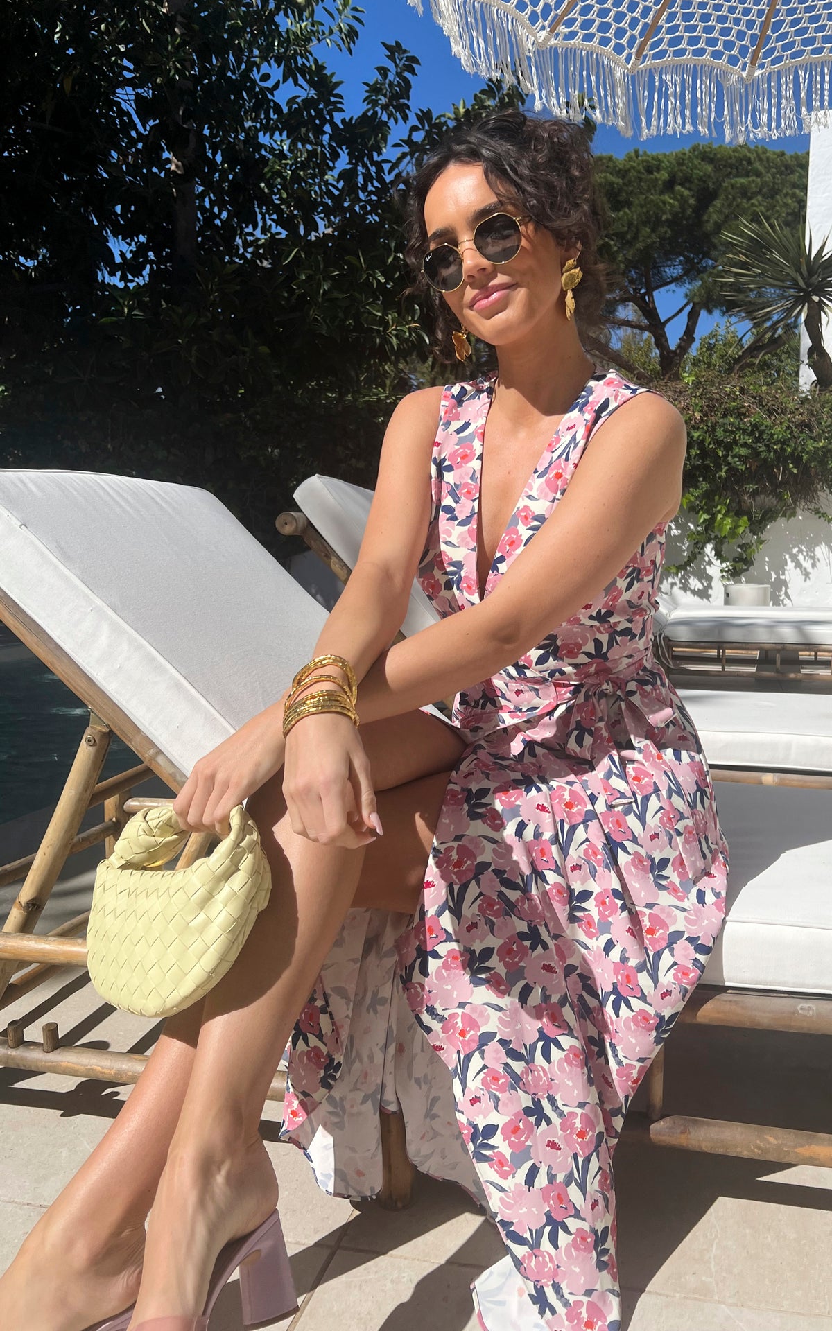 Sleeveless wrap midi dress with tie in Pink Floral