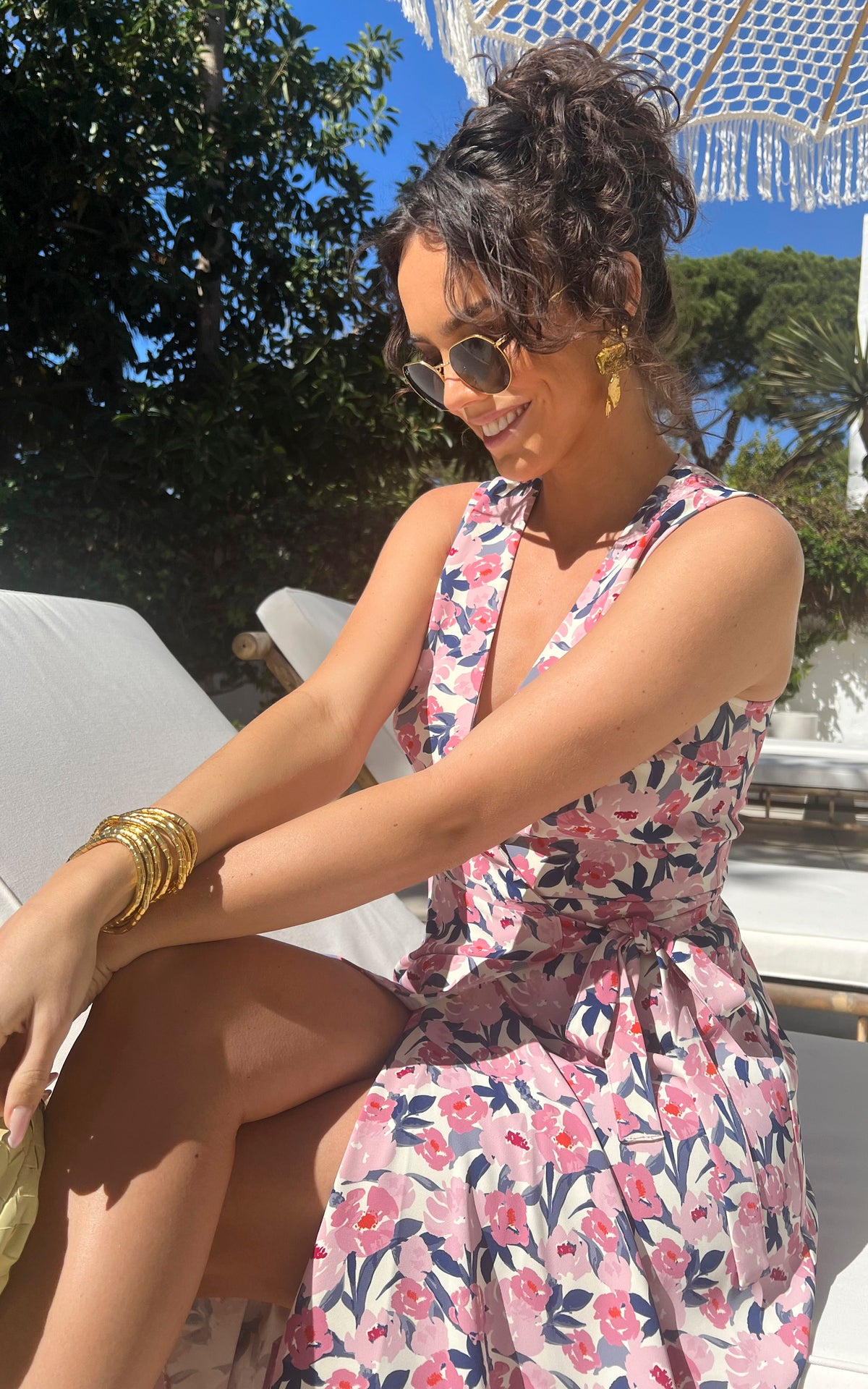 Sleeveless wrap midi dress with tie in Pink Floral