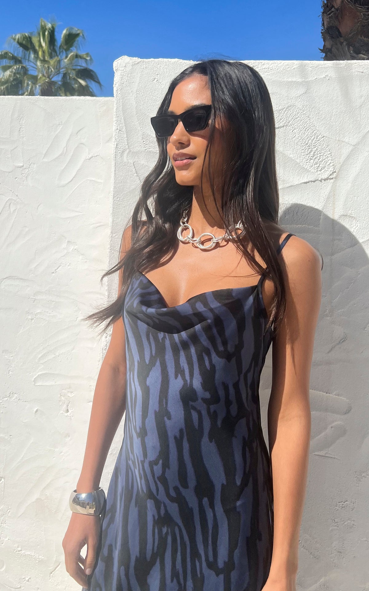 Cowl Neck Cami Midi Dress in Grey and Black Animal Print