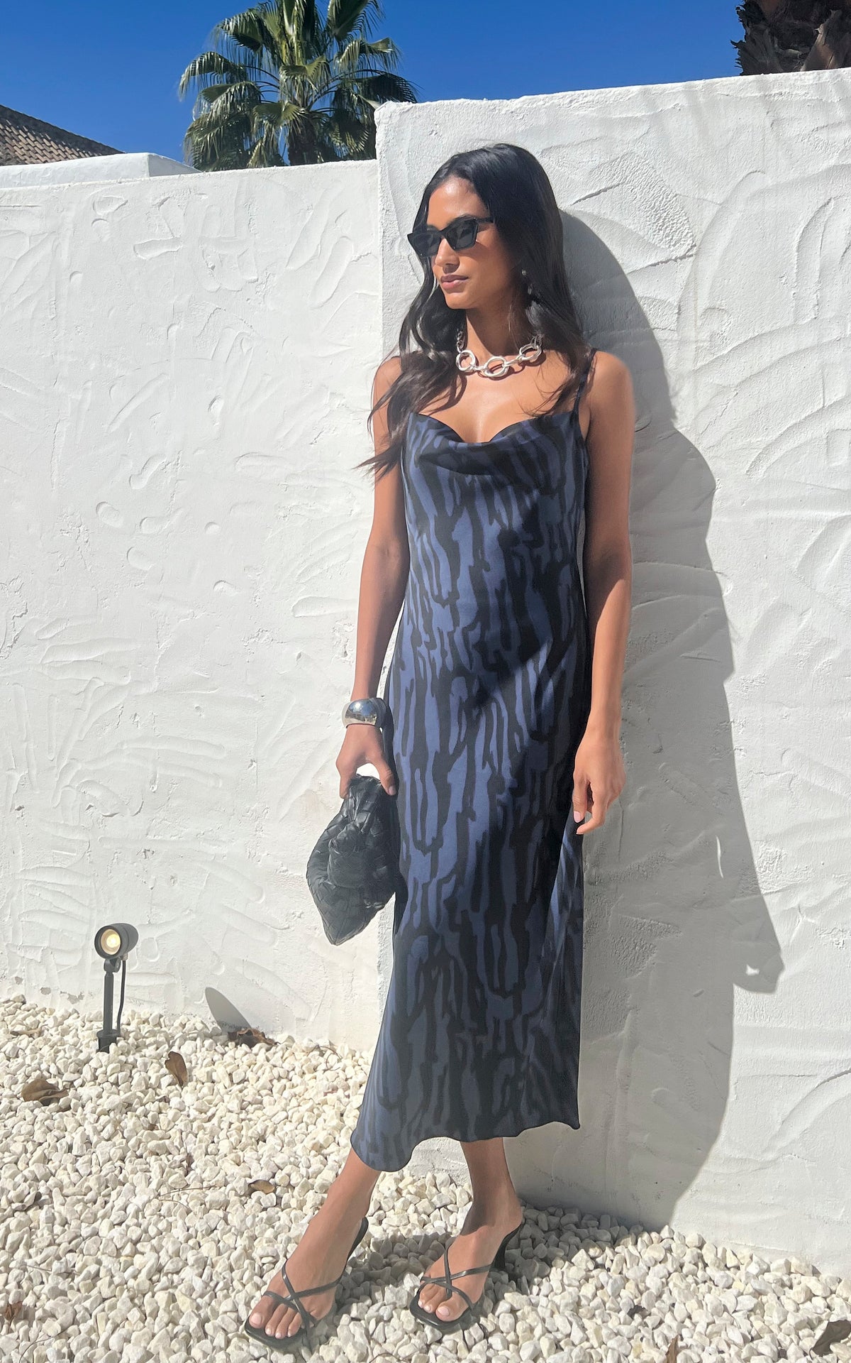 Cowl Neck Cami Midi Dress in Grey and Black Animal Print