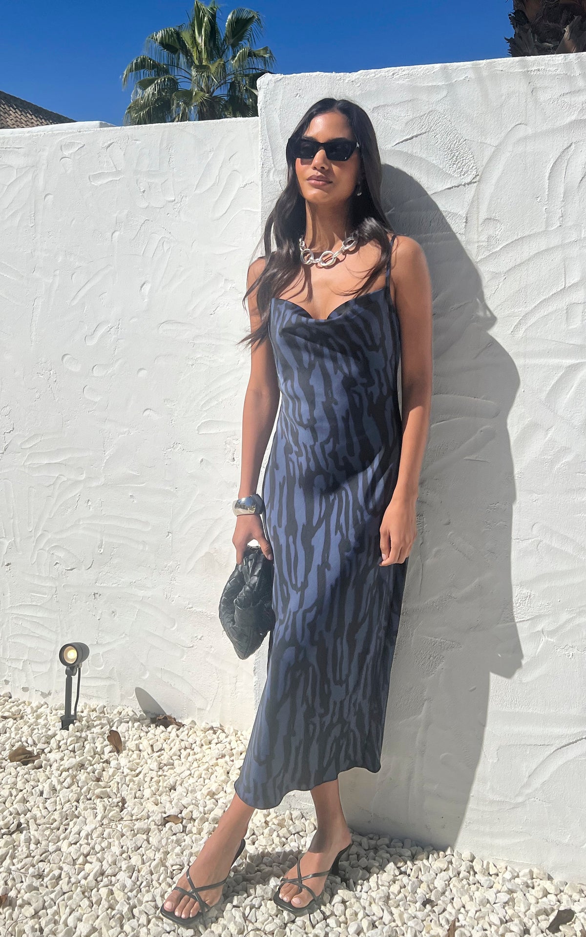 Cowl Neck Cami Midi Dress in Grey and Black Animal Print