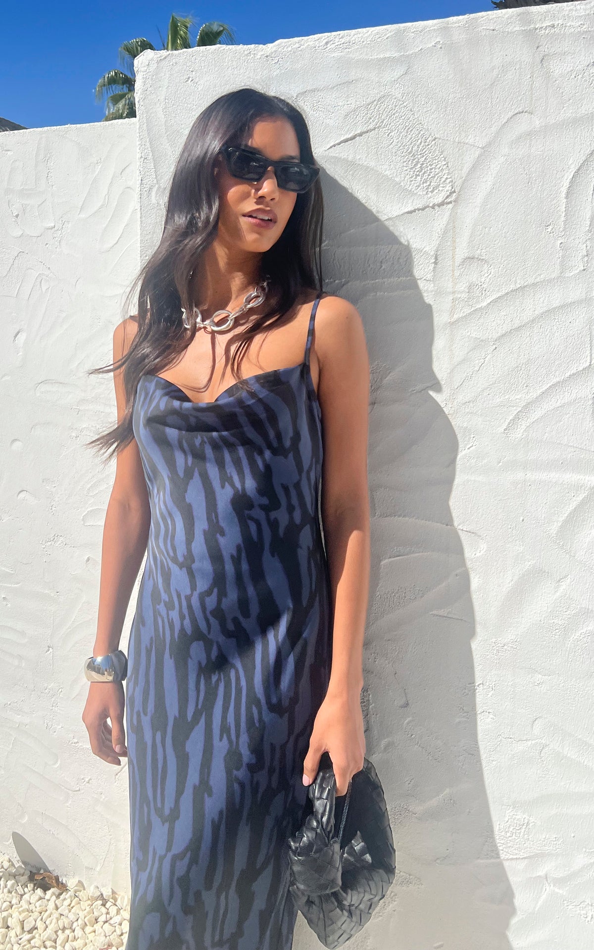 Cowl Neck Cami Midi Dress in Grey and Black Animal Print