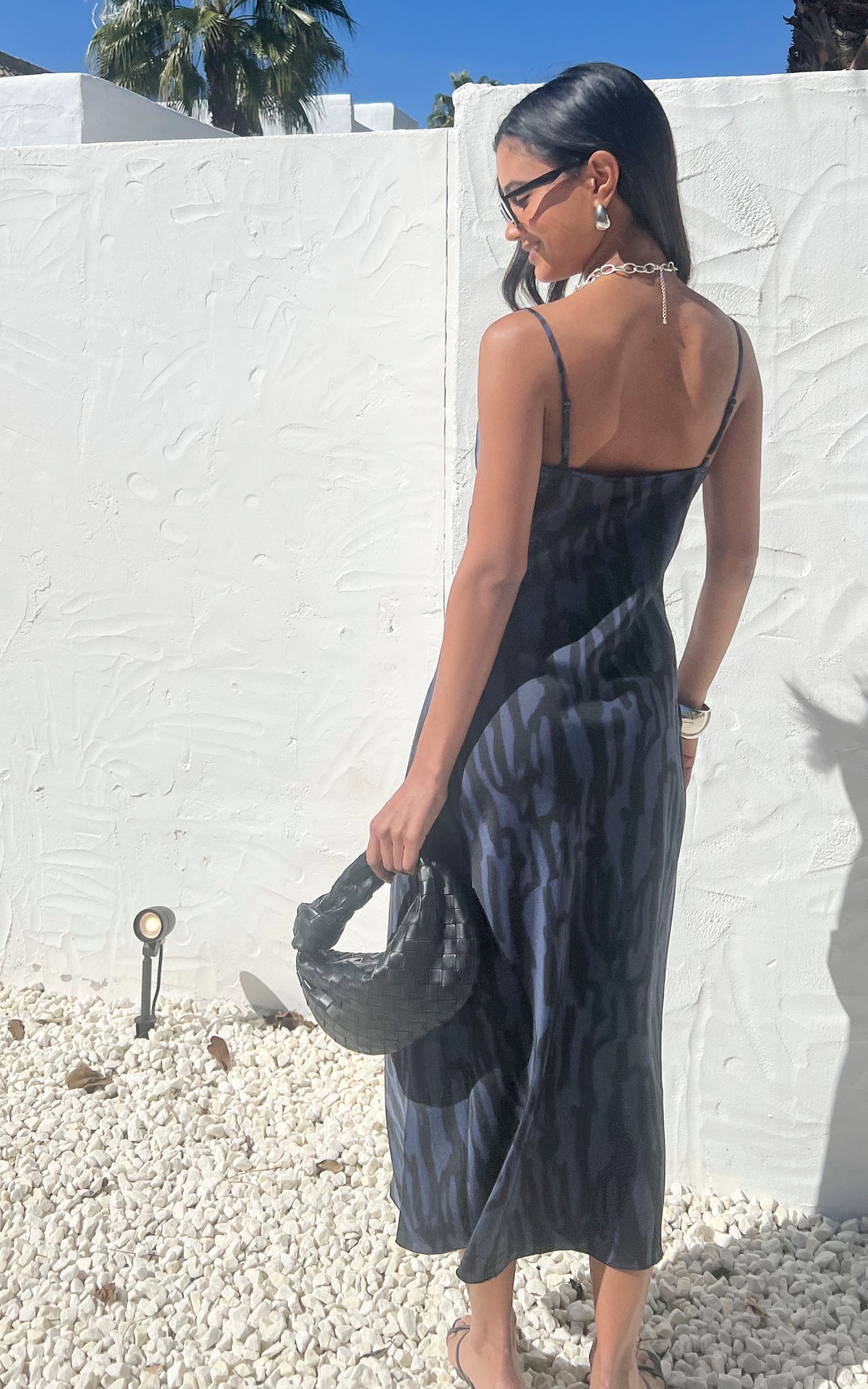 Cowl Neck Cami Midi Dress in Grey and Black Animal Print