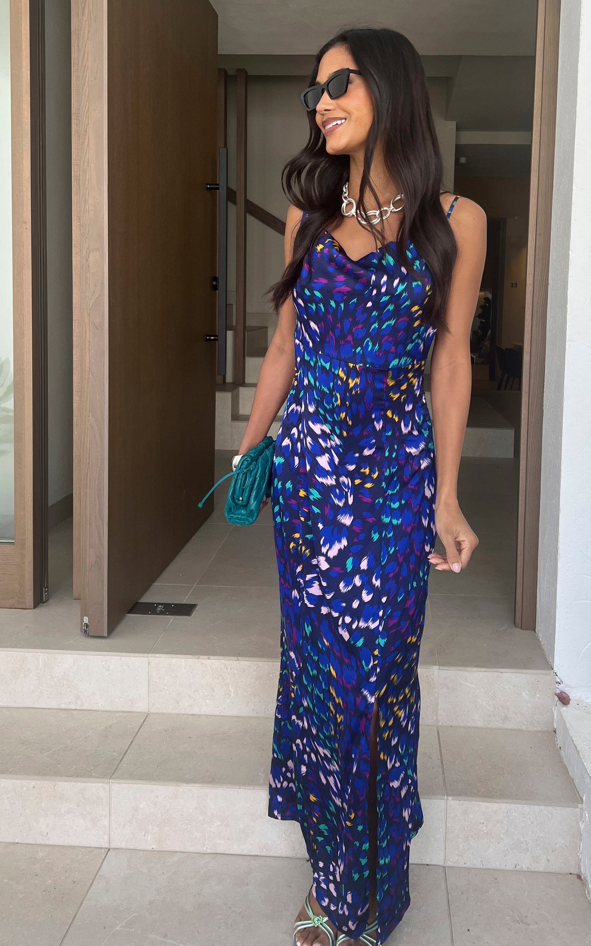 Multicolored cami cowl neck maxi dress