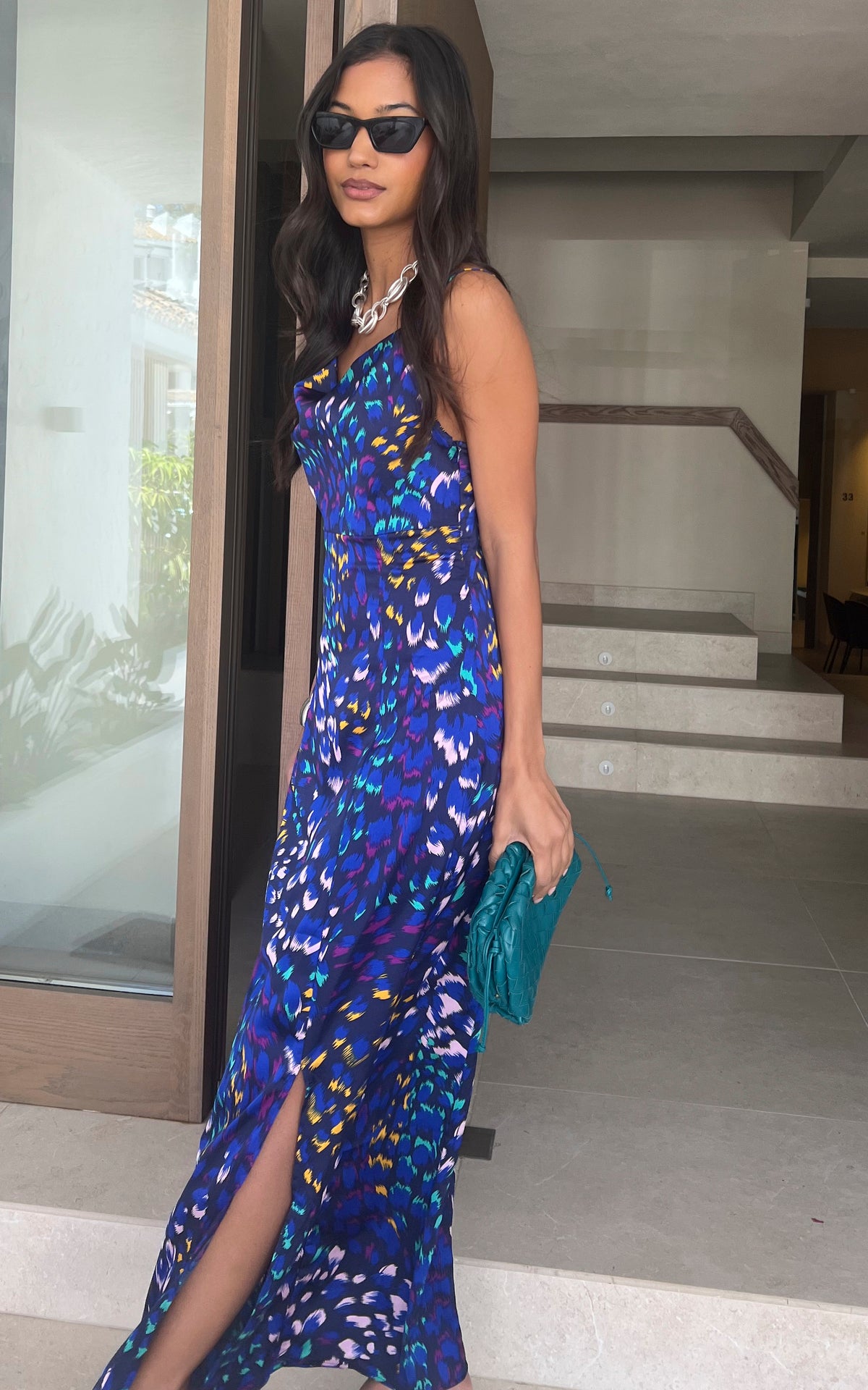 Multicolored cami cowl neck maxi dress