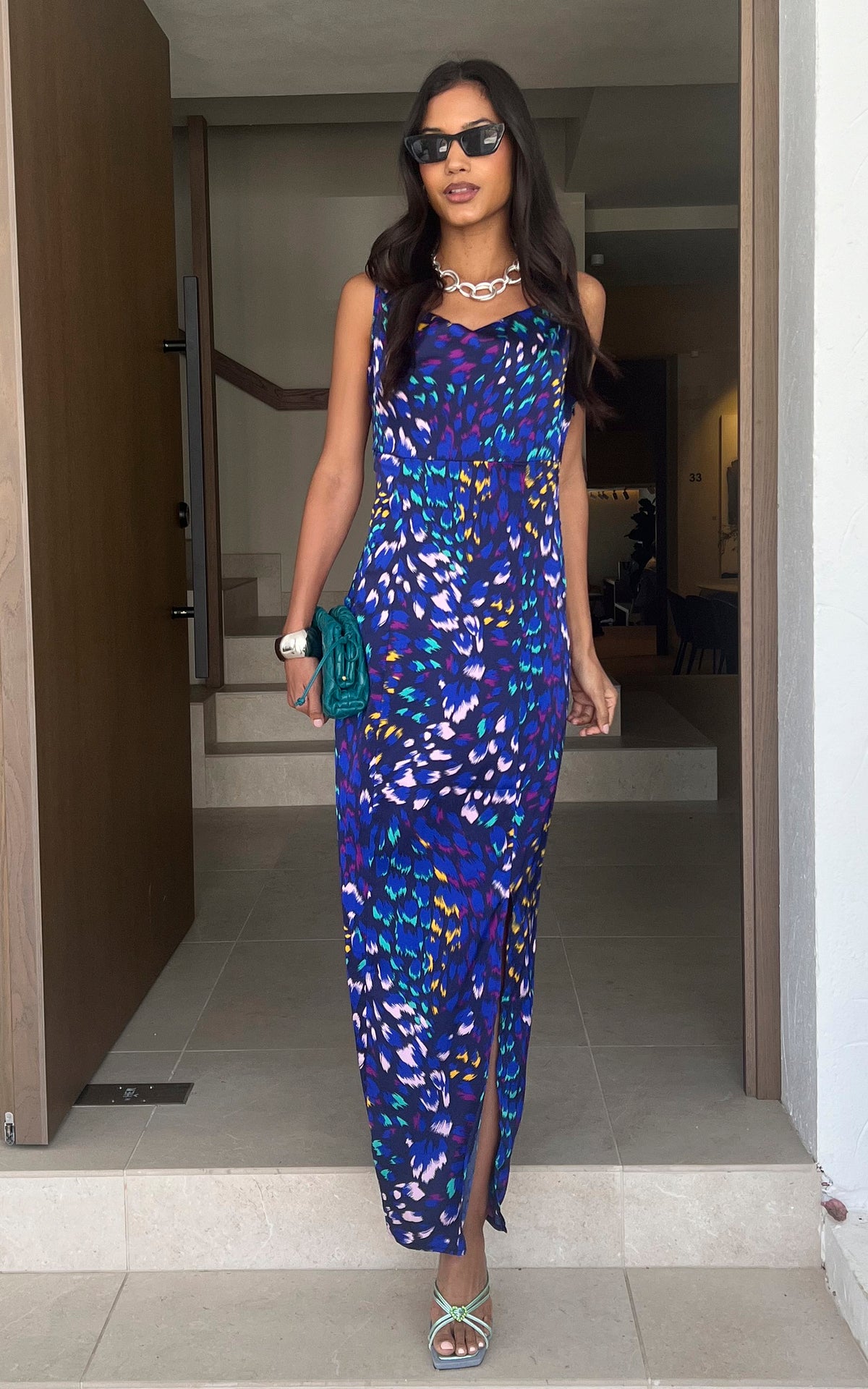Multicolored cami cowl neck maxi dress