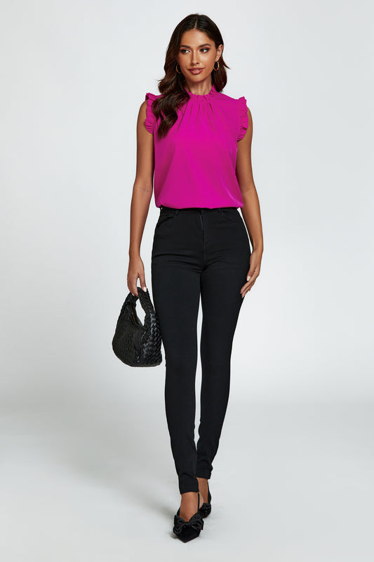 Frill Trim Sleeve  Frill Neck Blouse Top In Magenta