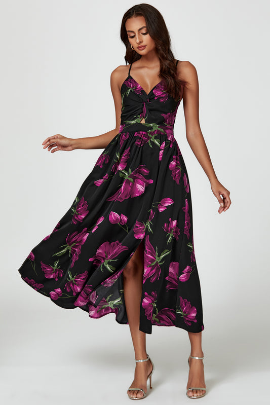Magenta Floral Print Maxi Dress In Black