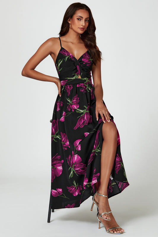 Magenta Floral Print Maxi Dress In Black
