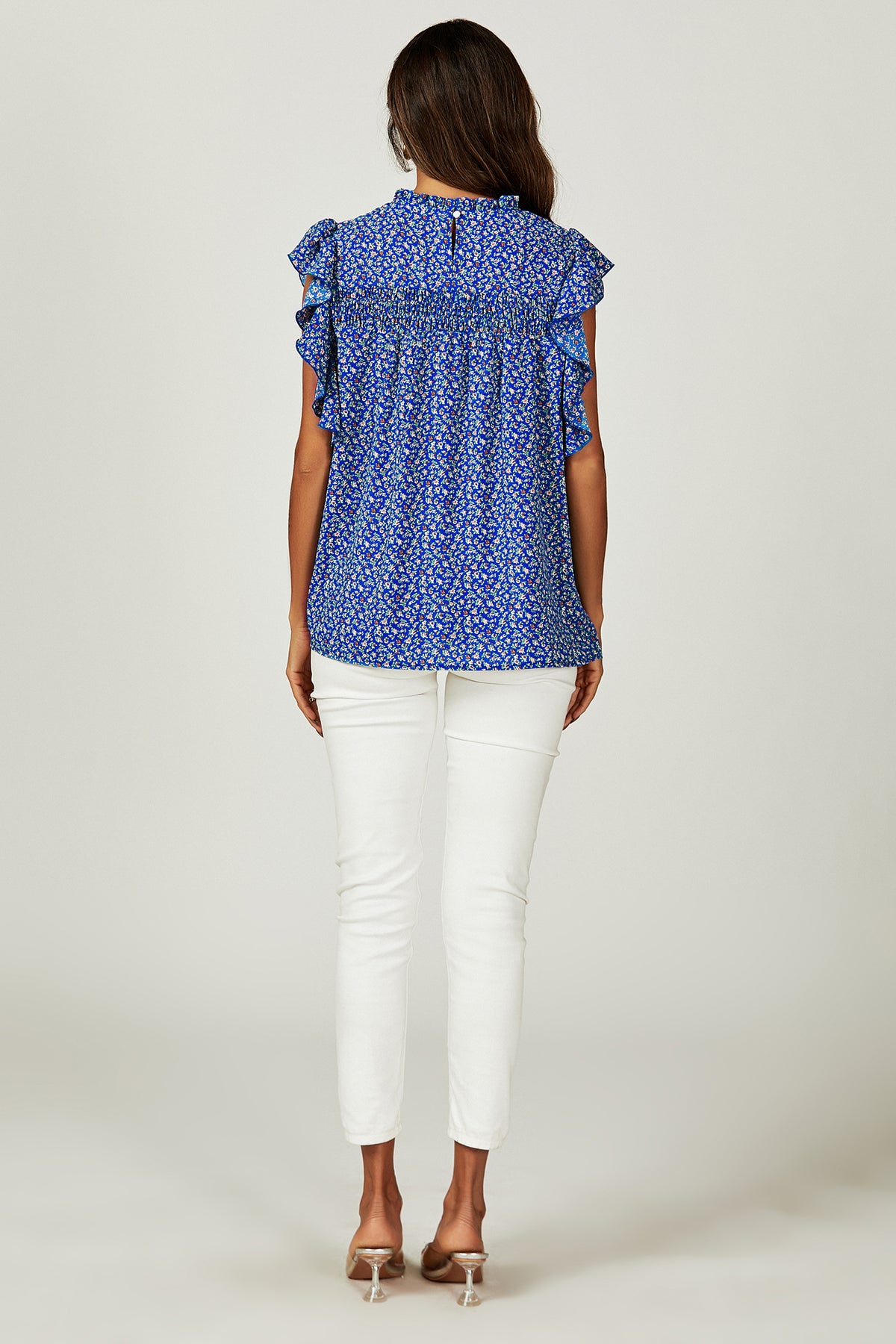 Relaxed Floral Print Frill Hem Blouse Top In Blue