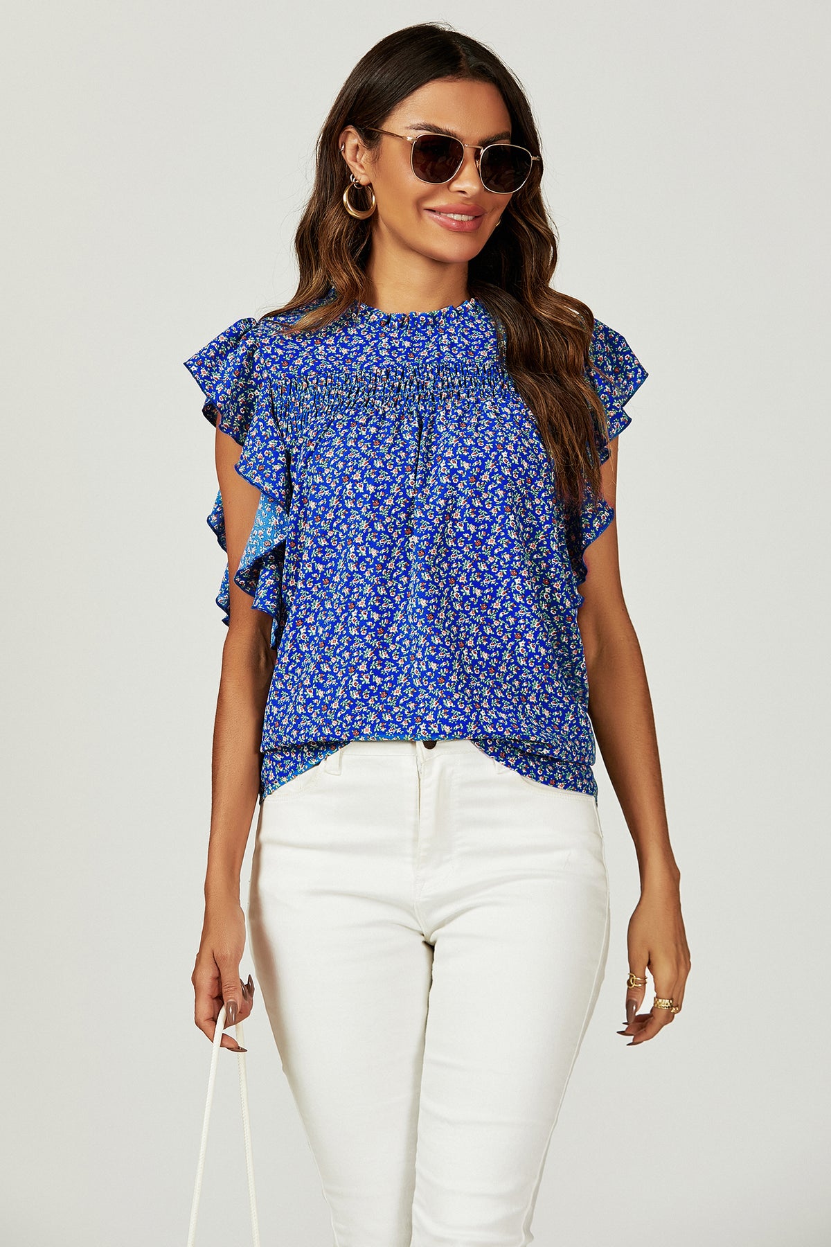 Relaxed Floral Print Frill Hem Blouse Top In Blue