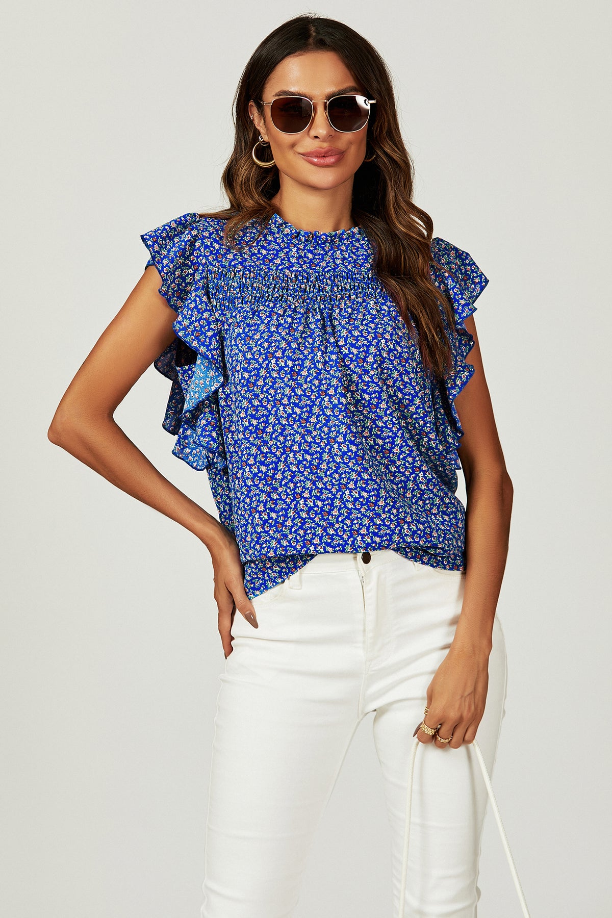 Relaxed Floral Print Frill Hem Blouse Top In Blue
